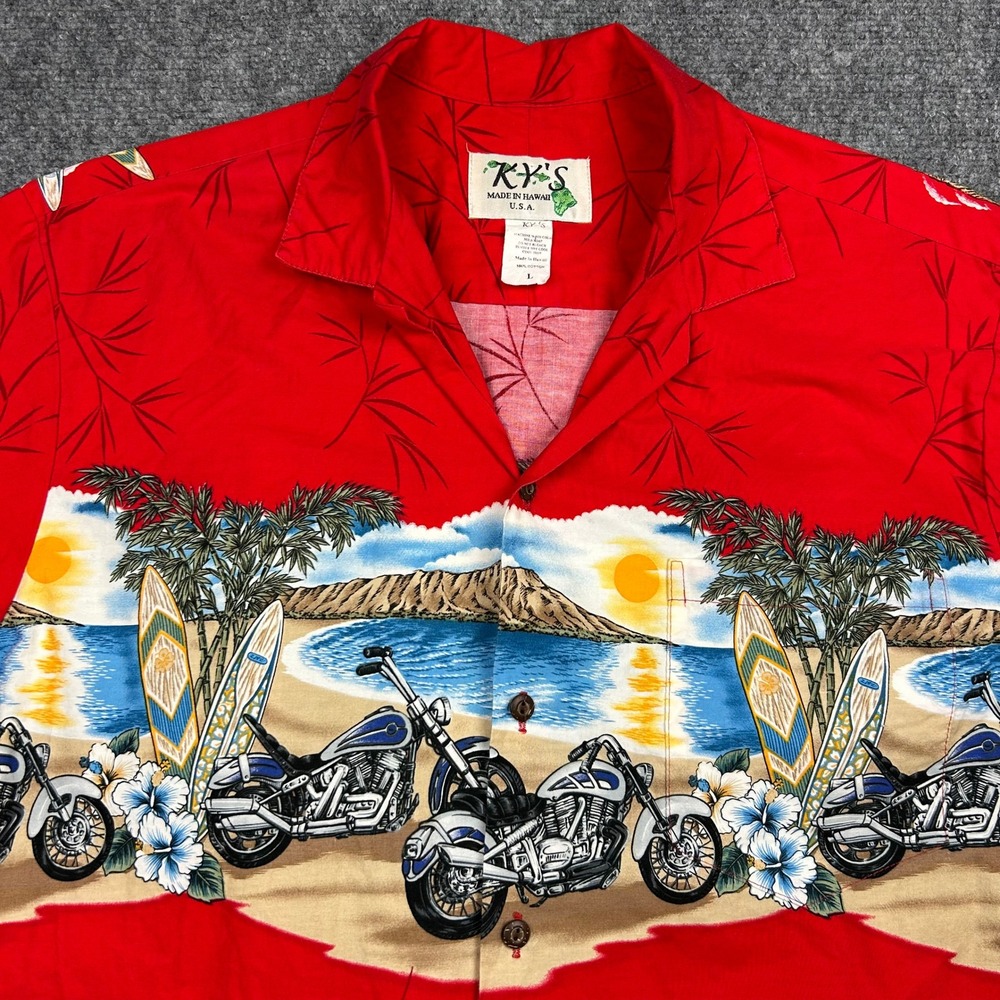 KY'S Hawaiian Shirt Mens L Red Vintage Motorcycle Surfboard Beach Made in USA